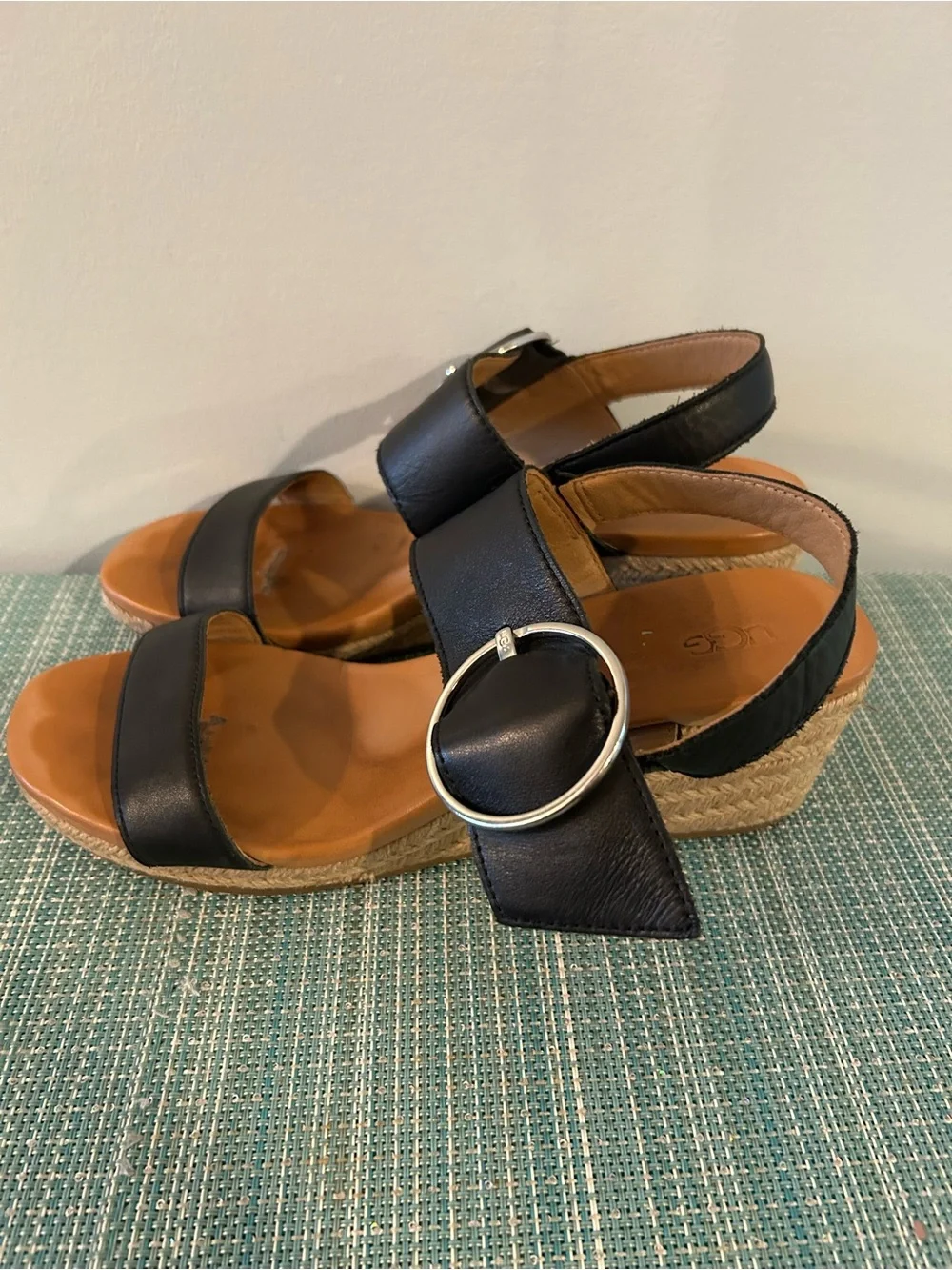 Black Wedge Espadrille Sandals with Silver Buckle